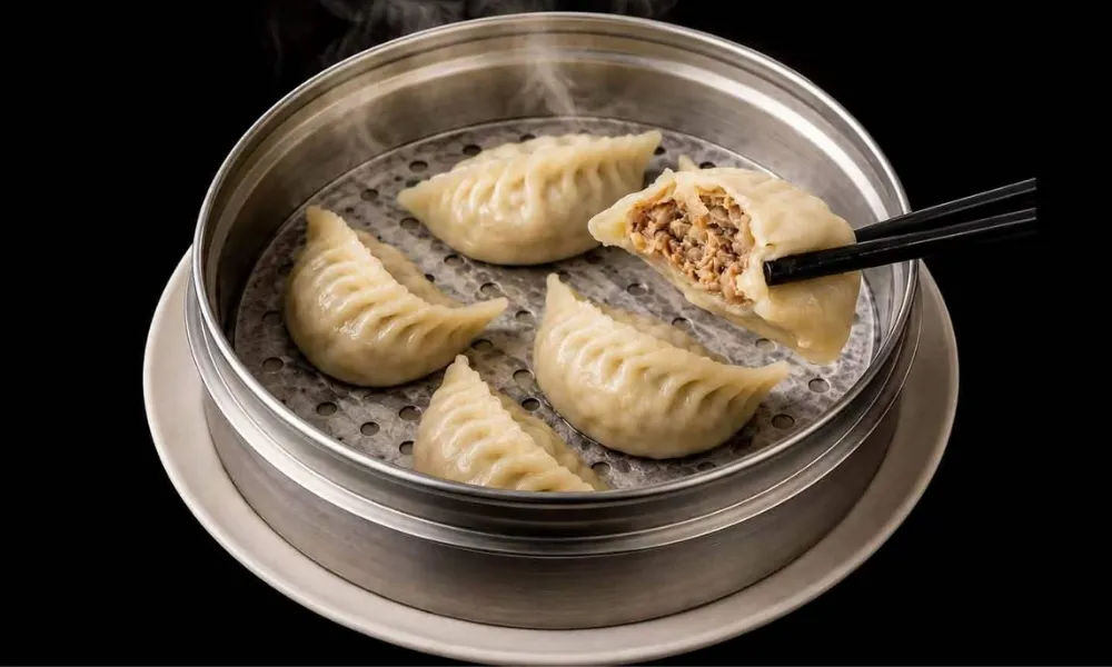 Steamed dumplings with meat filling in metal steamer